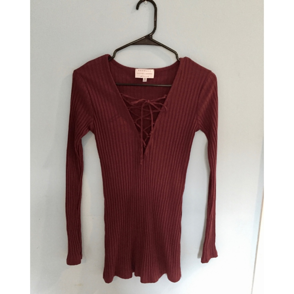 Kendall & Kylie maroon ribbed front-tie dress